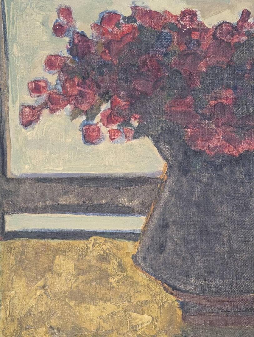 【真作】絵画　油彩6号　静物画　花瓶の花　窓辺の装飾画　フラワースタンド　Z92