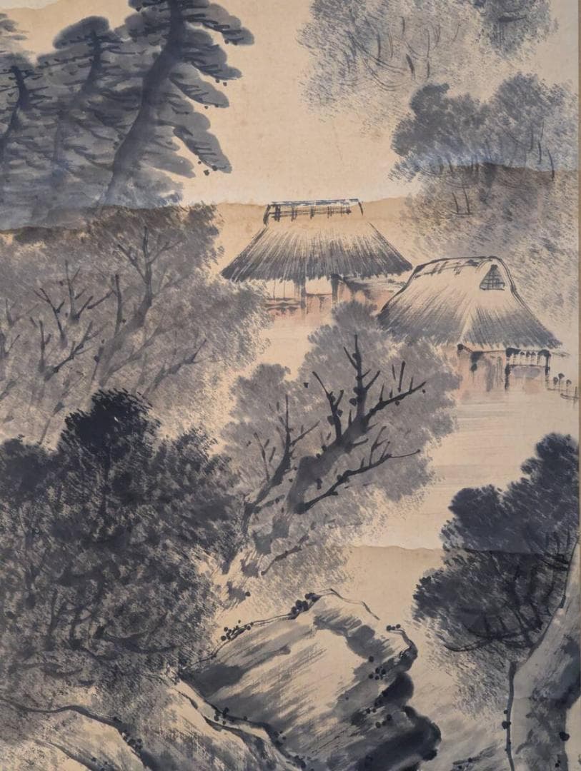 【真作】掛軸　山水図　墨絵　日本画　茅葺き民家と渓流図　古美術　U84