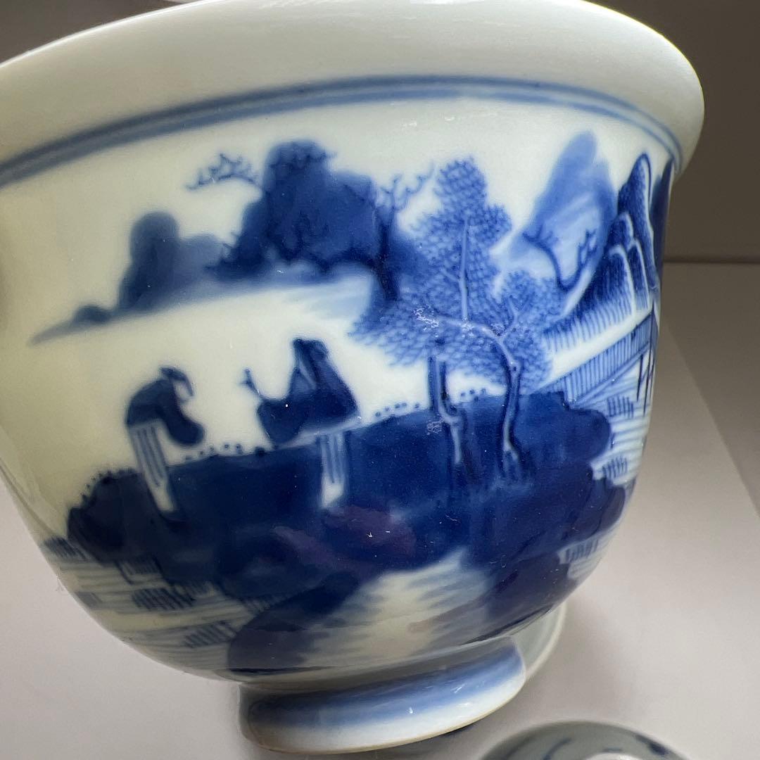 中国清時代　新渡青花蓋茶碗2客　身口径約9.5㎝　東Y8-0217☆2F