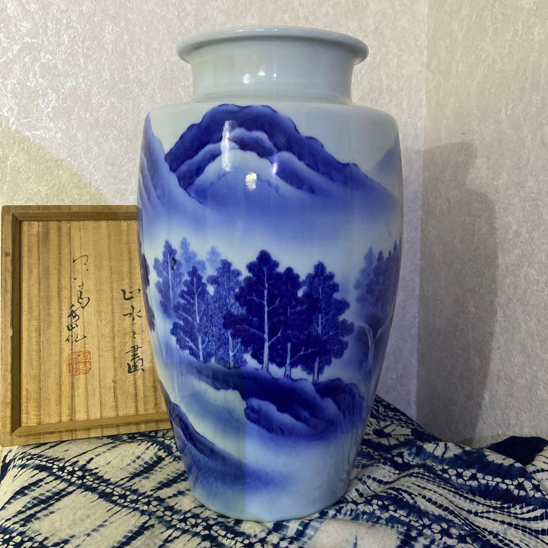 真葛香山　染付　山水滝花瓶