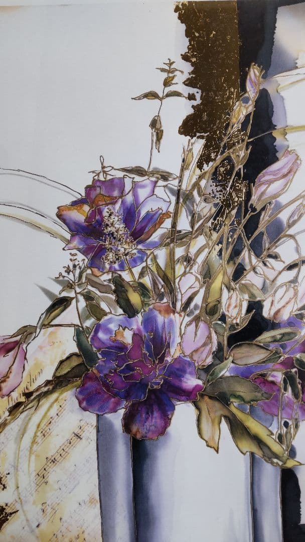 花瓶の花 水彩画 金色フレーム