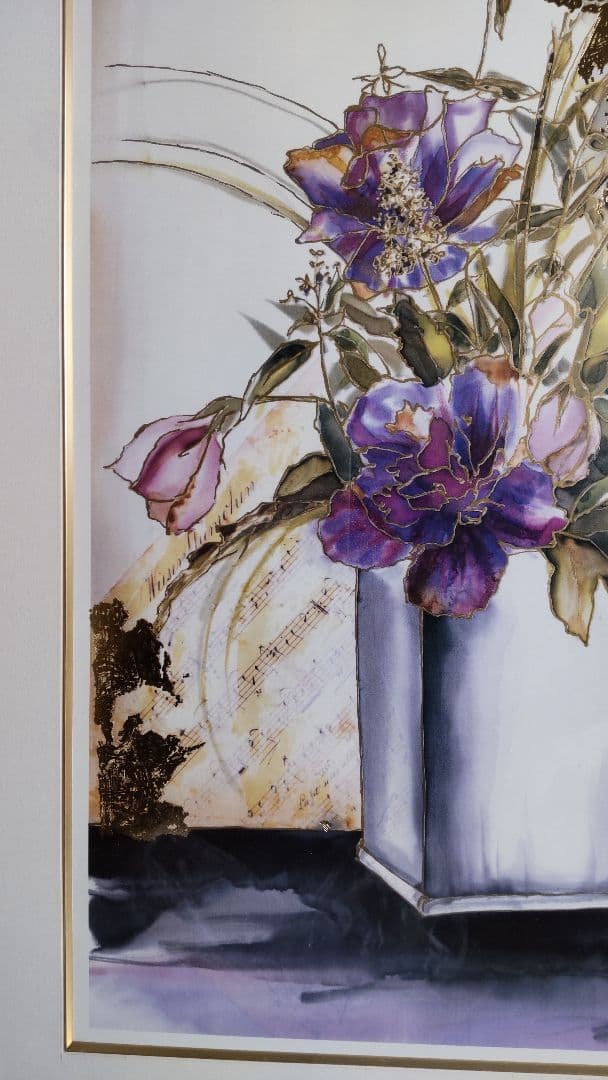 花瓶の花 水彩画 金色フレーム