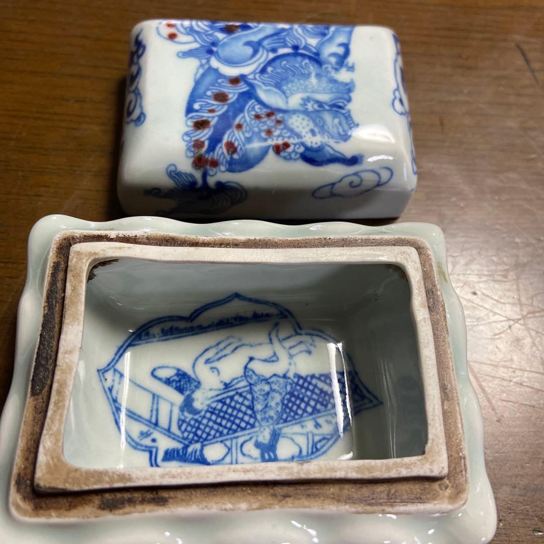青　骨董　陶磁器蓋付き容器　蓋物　香合