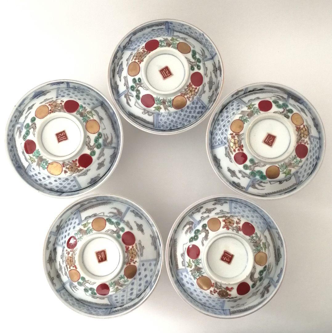 古伊万里　赤玉　松竹梅図　蓋茶碗　5客組