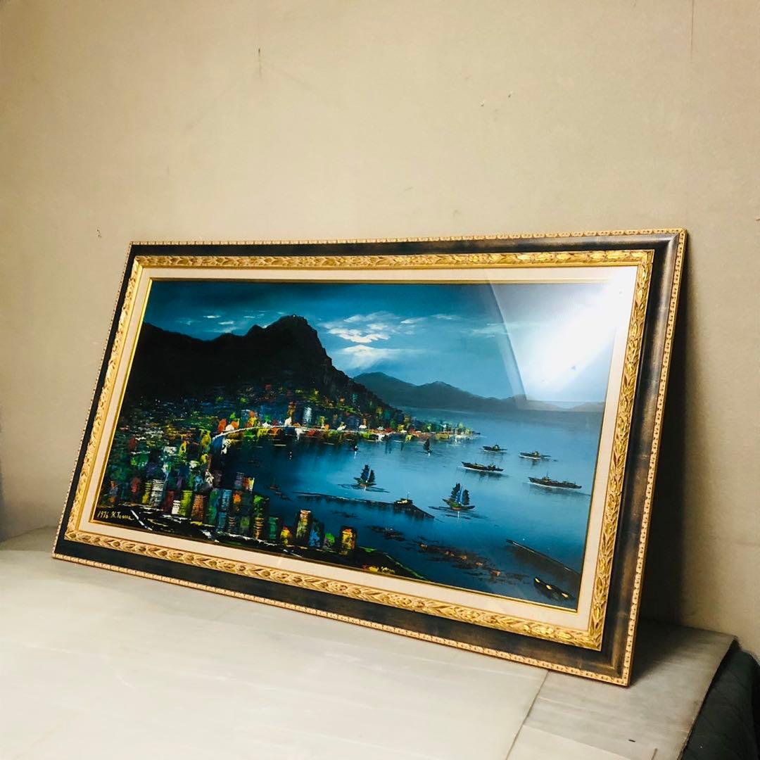 H43コレクション品✨油絵 香港 ビクトリアハーバ アンティーク インテリア