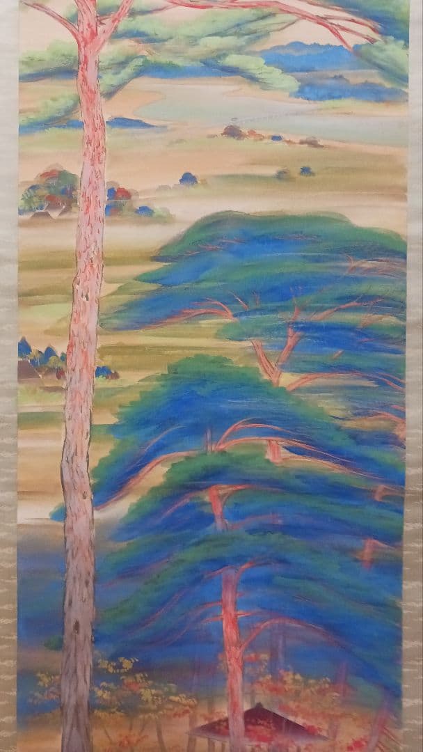 掛軸　肉筆　遠藤教三　青緑風景画　絹本着色　日本画　古美術　骨董