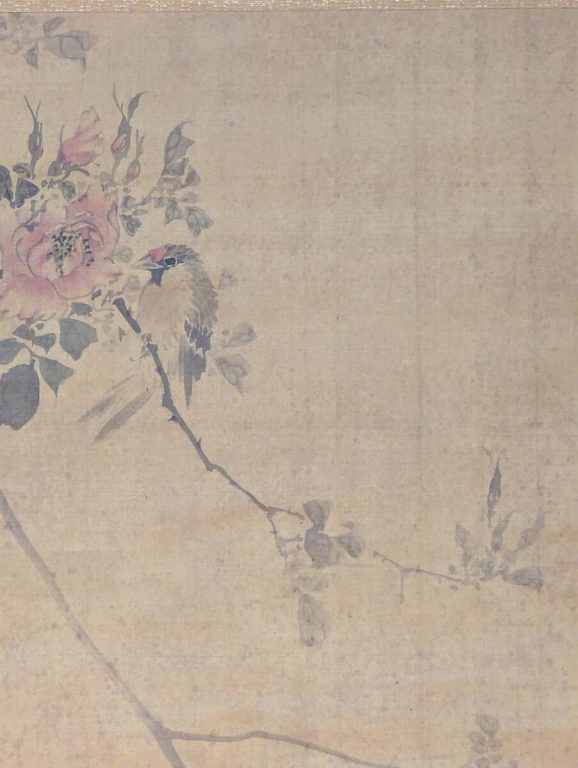 【真作】掛軸　花鳥図　薔薇に小禽　優雅な彩色と筆致が映える一幅　V63
