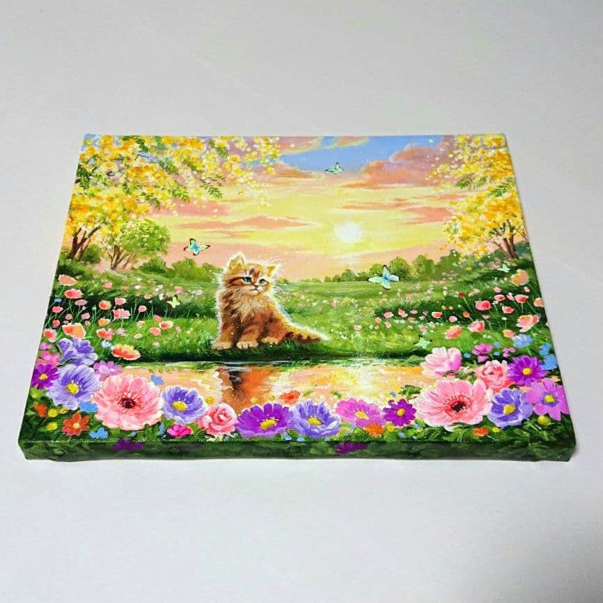 【春の夕空】アクリル画 F3 風景画 絵画