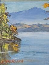 【真作】絵画　油彩SM　猪苗代　秋の彩りと山並み　静かな湖と紅葉の木々　Y195