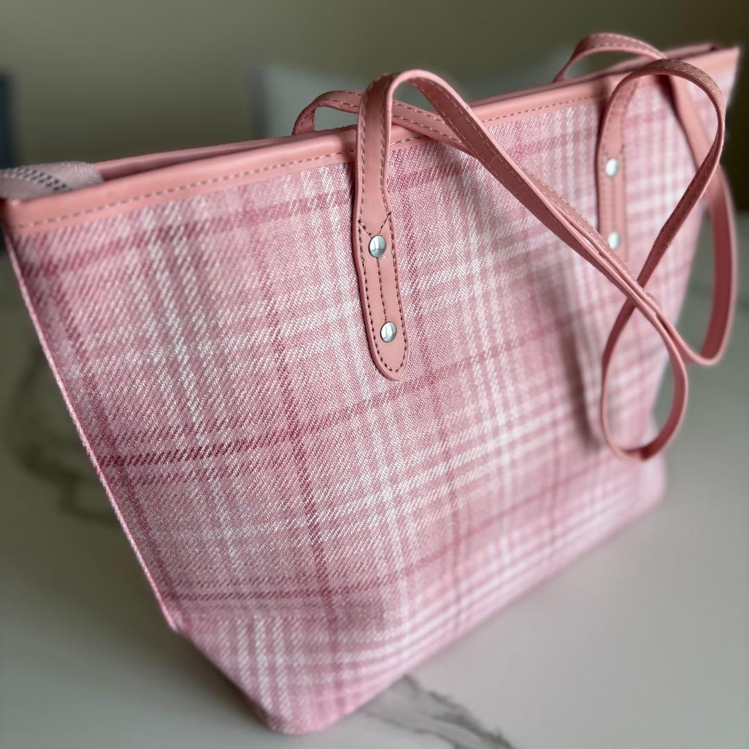 CHANEL ノベルティ トートバッグ ピンク キャンバス生地 チェック柄