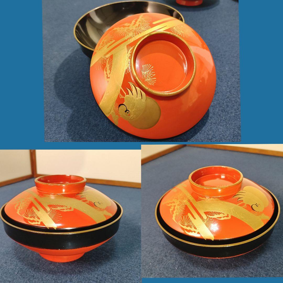 AM54 会津 蓋付椀 松鶴図 朱椀五客 縁金 金蒔絵 お椀 汁物椀
