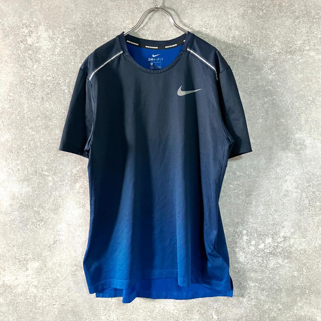 NIKE　ランニングシャツ　半袖　ブルー　メッシュ　プリント　DRI-FIT