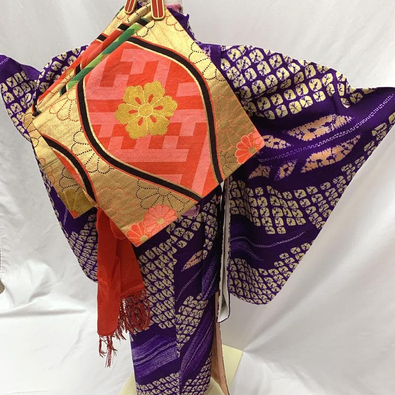 601ag44□七五三 七歳 女児 着物&袋帯 有松鳴海絞 蜘蛛絞り 紫□美品