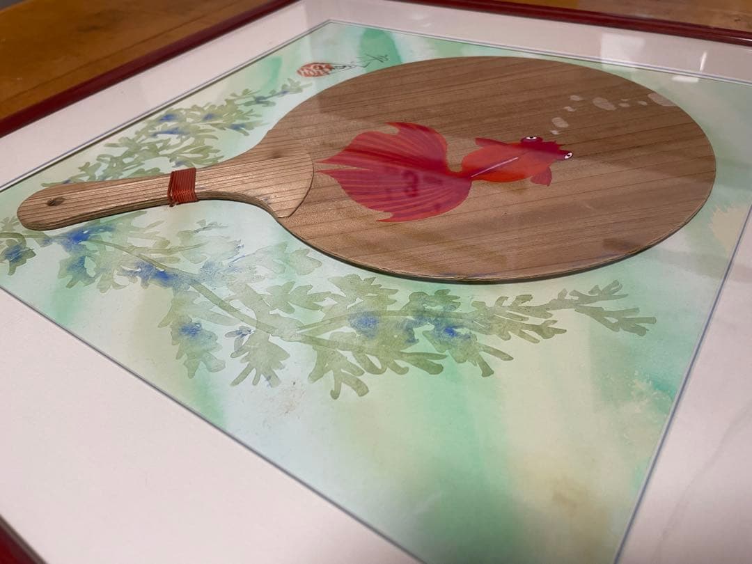 金魚の水彩画 木製扇子アート