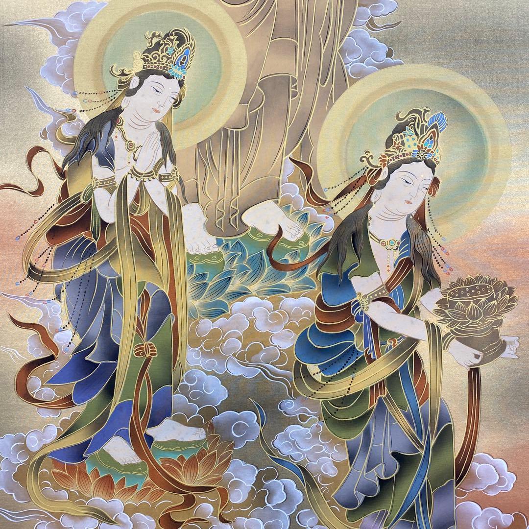 美品 掛け軸 松井玲二作 金地 三尊佛 共箱 真筆証明書付き 仏教美術