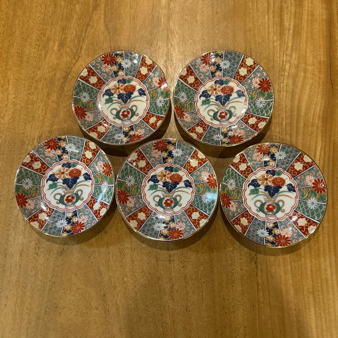 未使用品　有田焼　陶扇　小皿5枚揃え　銘々皿　錦絵　赤絵　金彩　希少