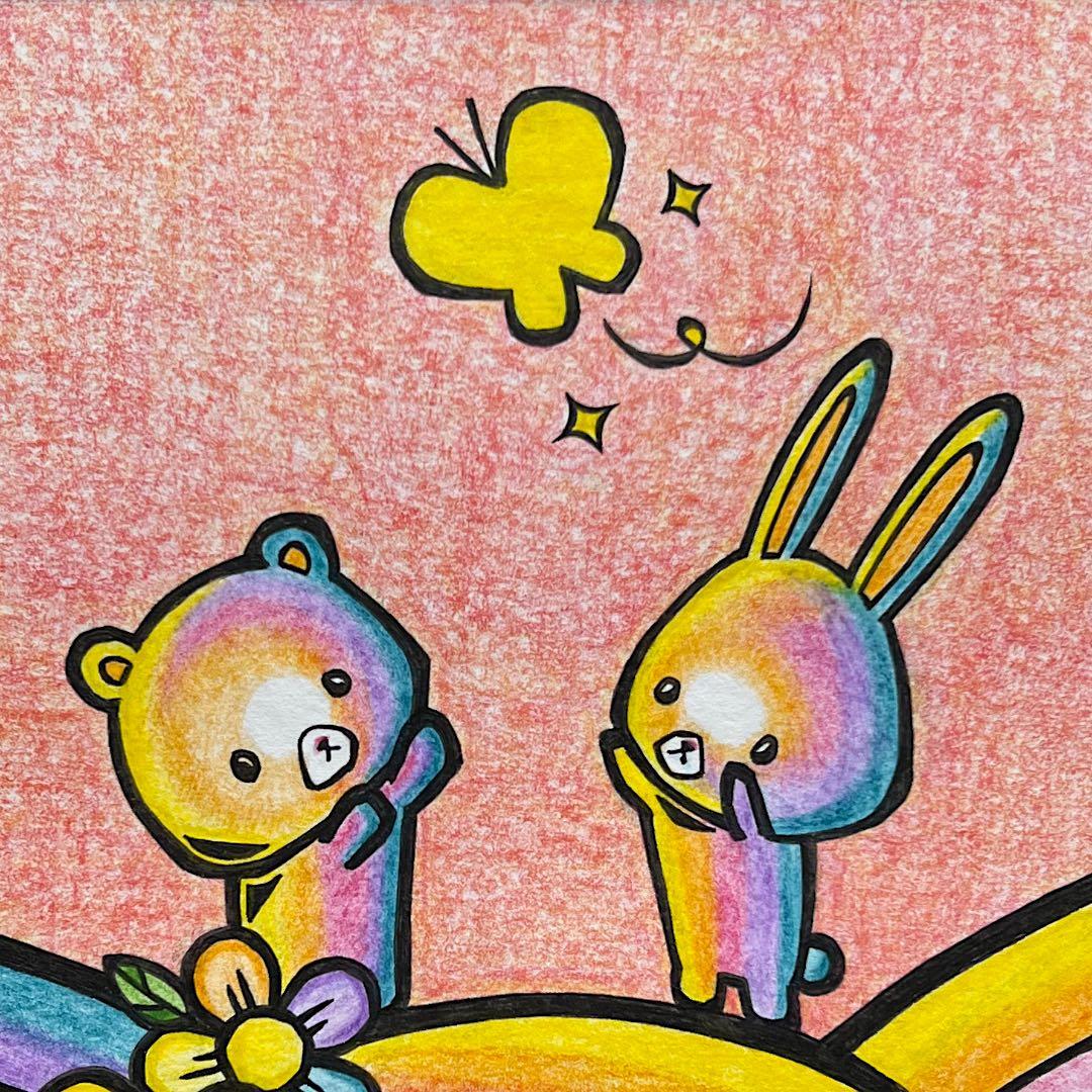 『黄色の憧れ』｜動物画 原画 絵 手描き 癒し 猫 くまうさぎ 一点物 額縁付