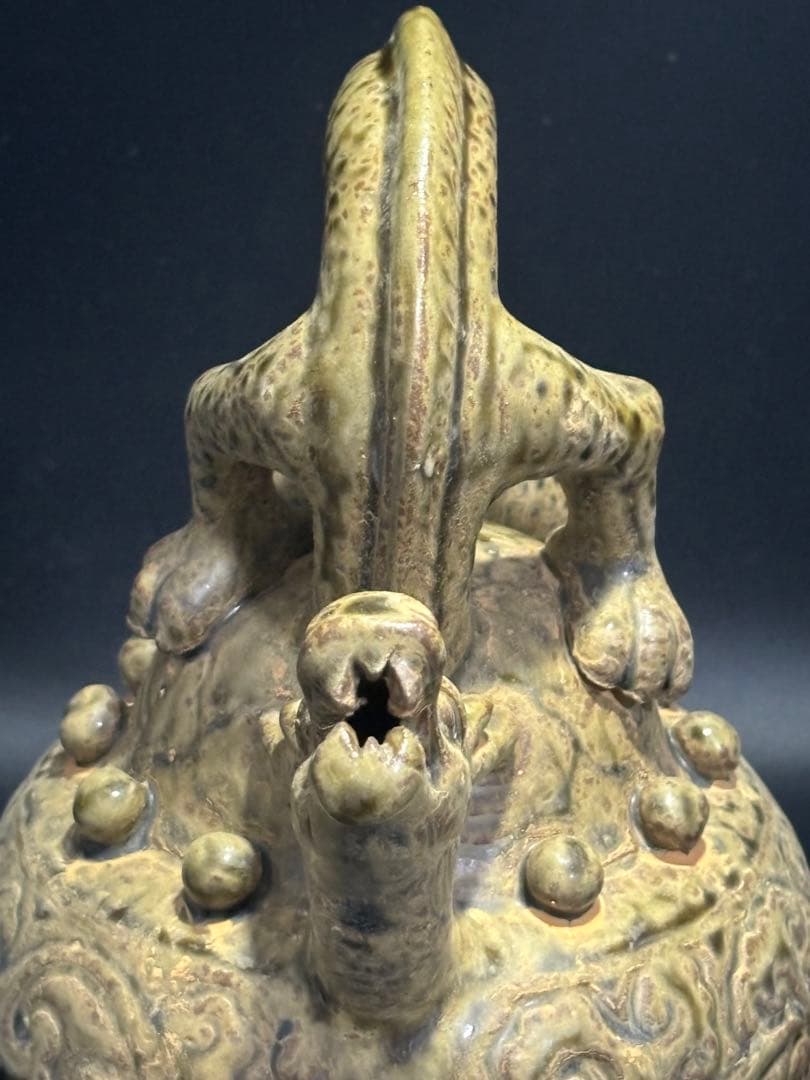 中国　宋元時代 ドラゴン持ち手の陶器壺