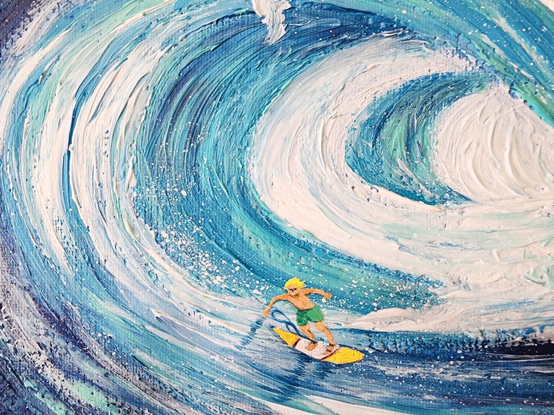 サーフィンの絵　世界で１枚　アクリル画　風景画　サーフィン　テクスチャーアート