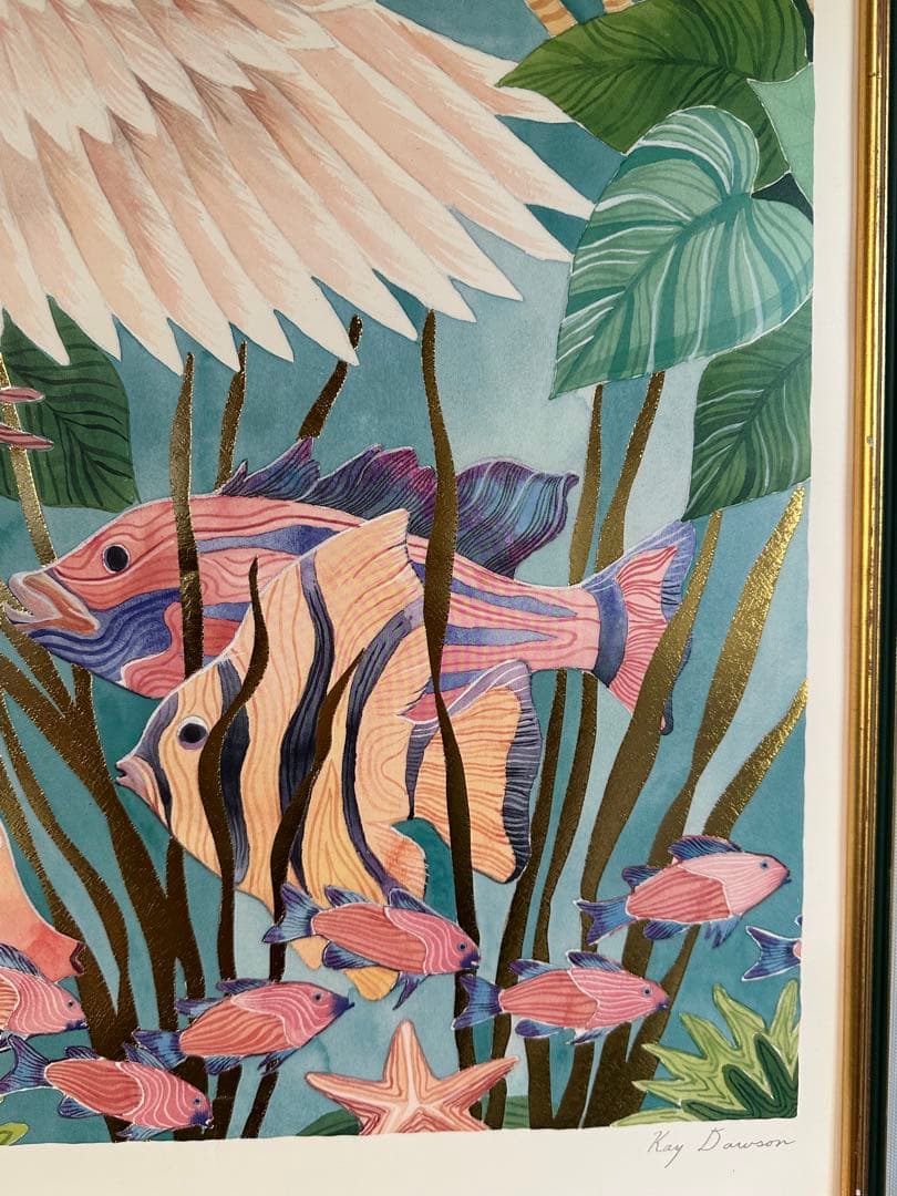 幻想的絵画　熱帯魚鳥植物　自然　セリグラフ　オリジナル美術品　ア-ト　インテリア