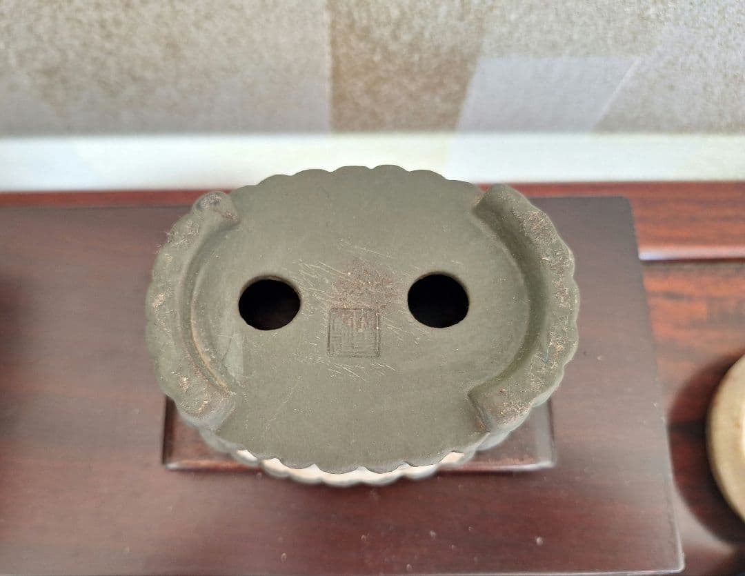 陶翠　黒泥竹紋額入色絵楕円　ミニ盆栽鉢　小品盆栽鉢　植木鉢　樹鉢　盆器　瀬戸焼