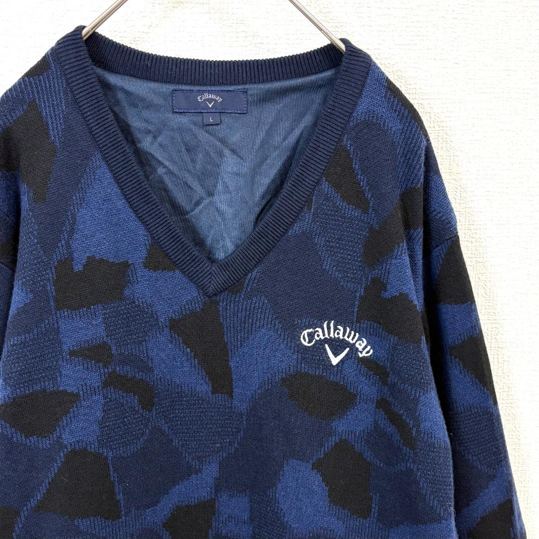 【美品】 callaway Vネック長袖ニット L ネイビー 胸元ロゴ刺繍 総柄