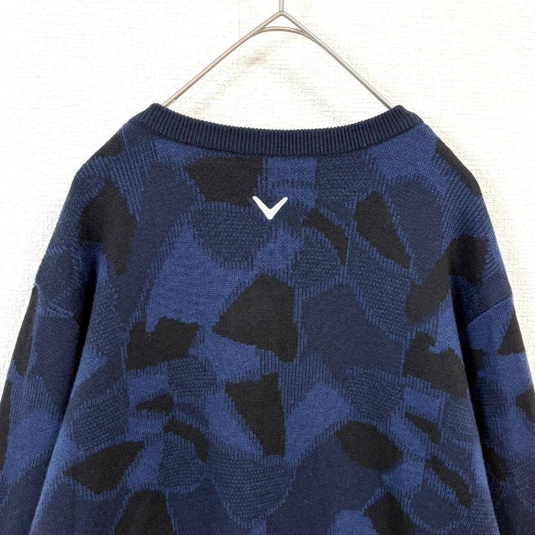 【美品】 callaway Vネック長袖ニット L ネイビー 胸元ロゴ刺繍 総柄