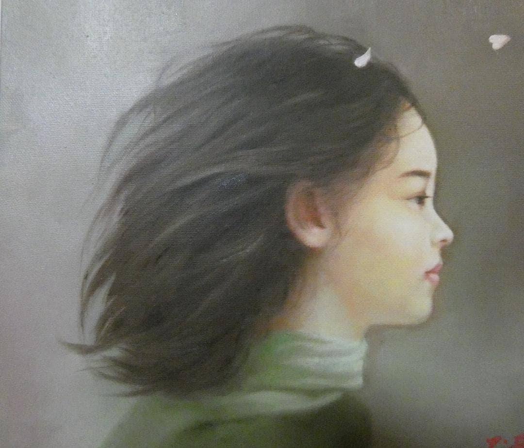 人物画　油絵　藤井勉　風　F6号　額付き　手描き　肉筆