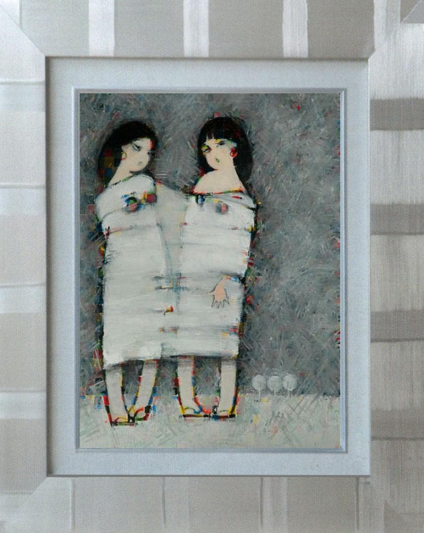 油絵 菅家令子 絵 絵画インテリア額付(黒) F6-083211人物 雪国の子供