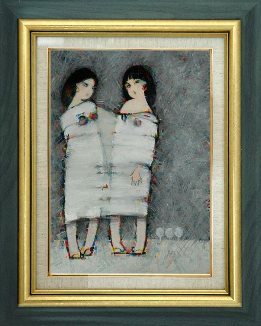 油絵 菅家令子 絵 絵画インテリア額付(黒) F6-083211人物 雪国の子供