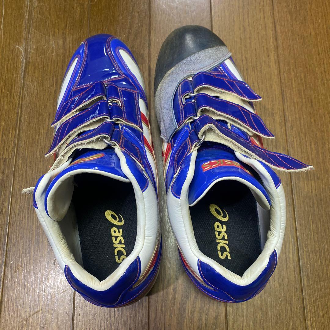 asics 野球スパイクシューズ 青/白/赤 ベルクロ、ゴールドステージ