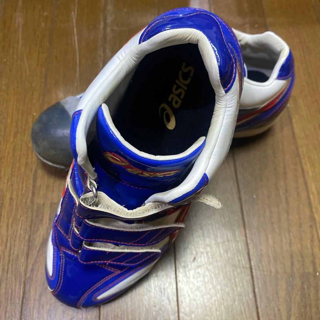 asics 野球スパイクシューズ 青/白/赤 ベルクロ、ゴールドステージ