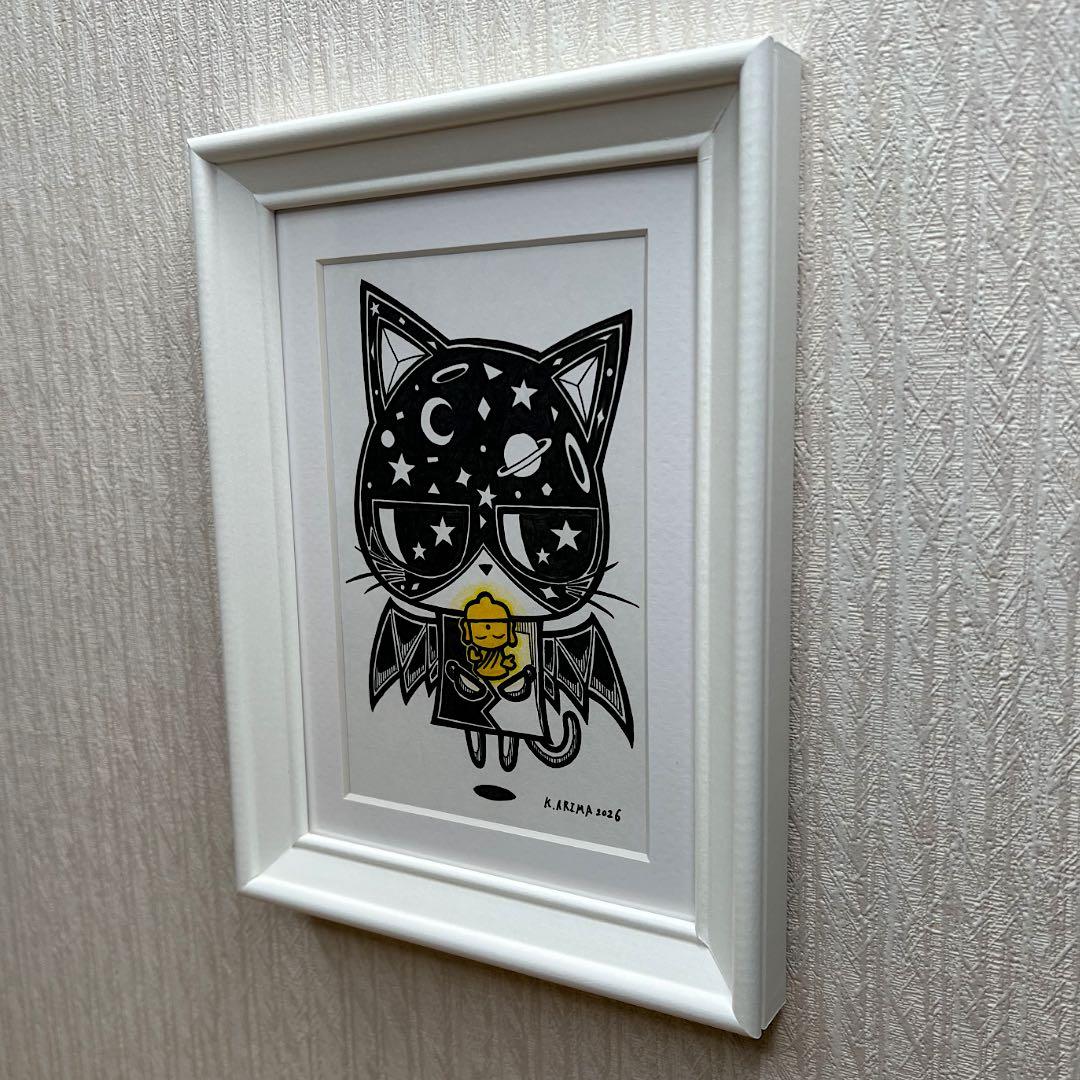 動物 原画 絵 手描き 癒し 猫 仏様 一点物 額縁付き 『ほとけニャン』