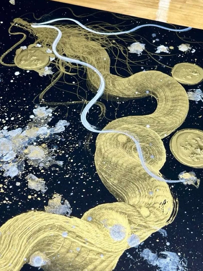 B2サイズ特大　【黄金龍】　開運　置物　龍　絵画　一筆龍　隕石
