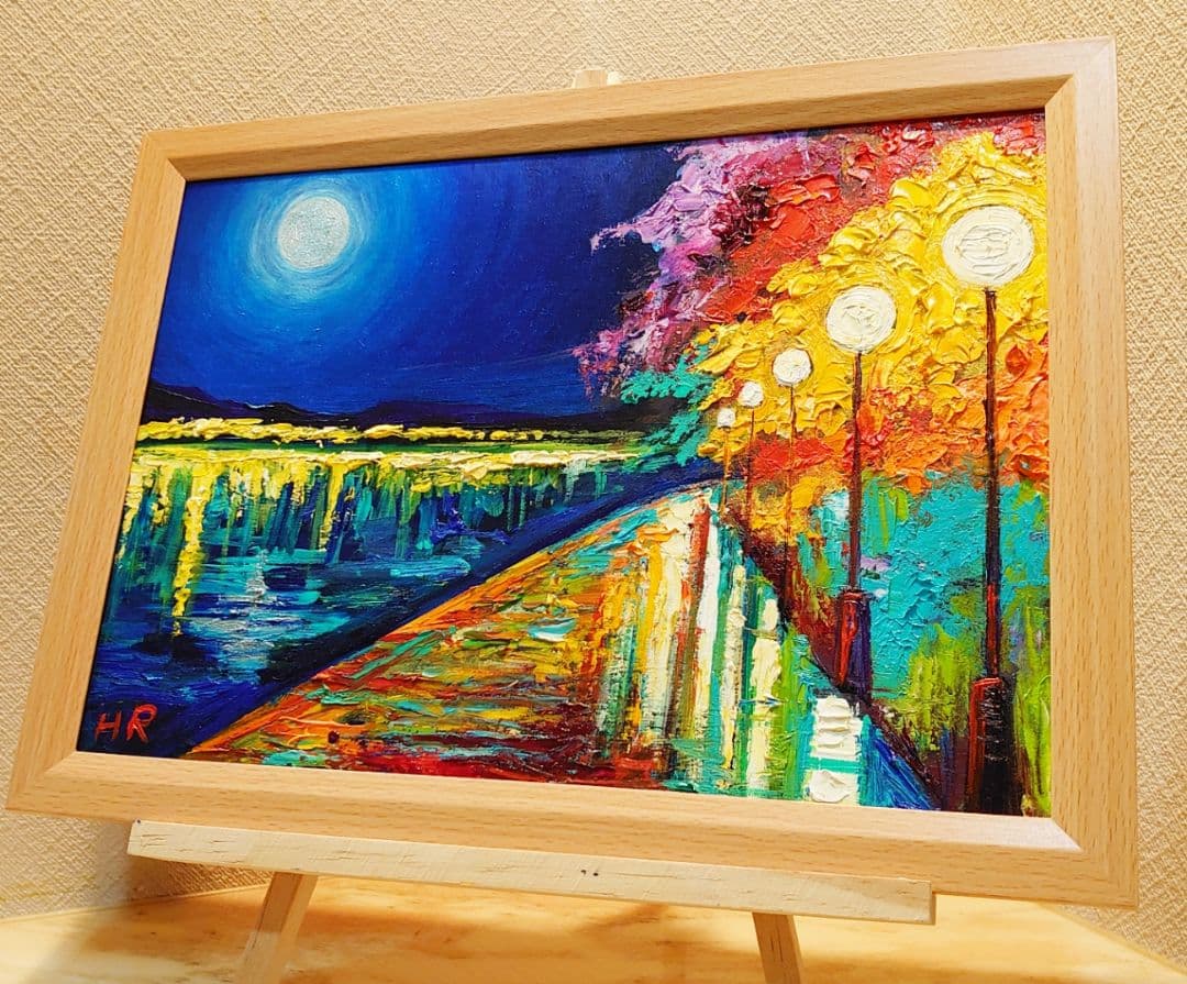 油絵 絵画【湖のライトアップ 】