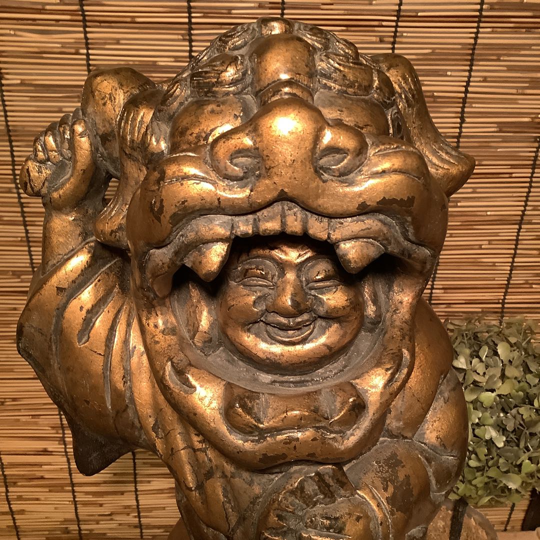 明治・伊勢大黒舞「獅子被大黒天」伊勢神宮・獅子頭・祝事・財福・特大金彩木彫・奉納