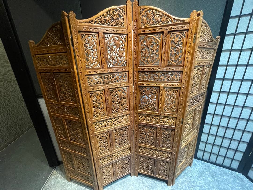 ★木製透かし彫り 4連パーテーションアジアン 衝立木製彫刻パーテーション