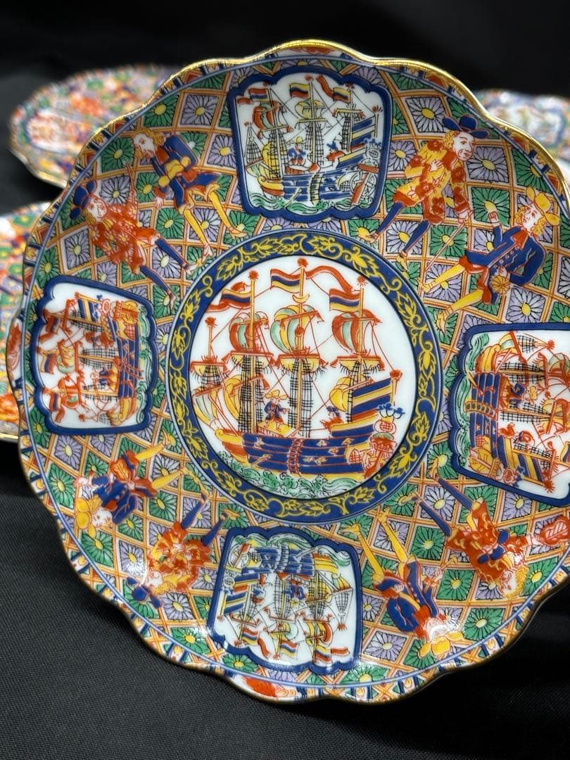 【美品】陶扇　銘々皿　和皿　皿　中皿　18.5cm 南蛮　5P