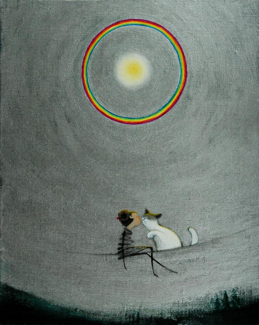 油絵 菅家令子 絵 絵画 インテリア額付(銀) F3-031019 子猫と女の子