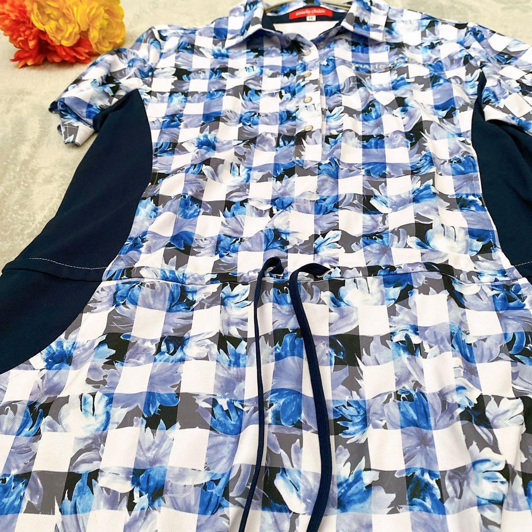 【美品】マリクレールスポール ゴルフワンピース LL 花柄 チェック 青 紺
