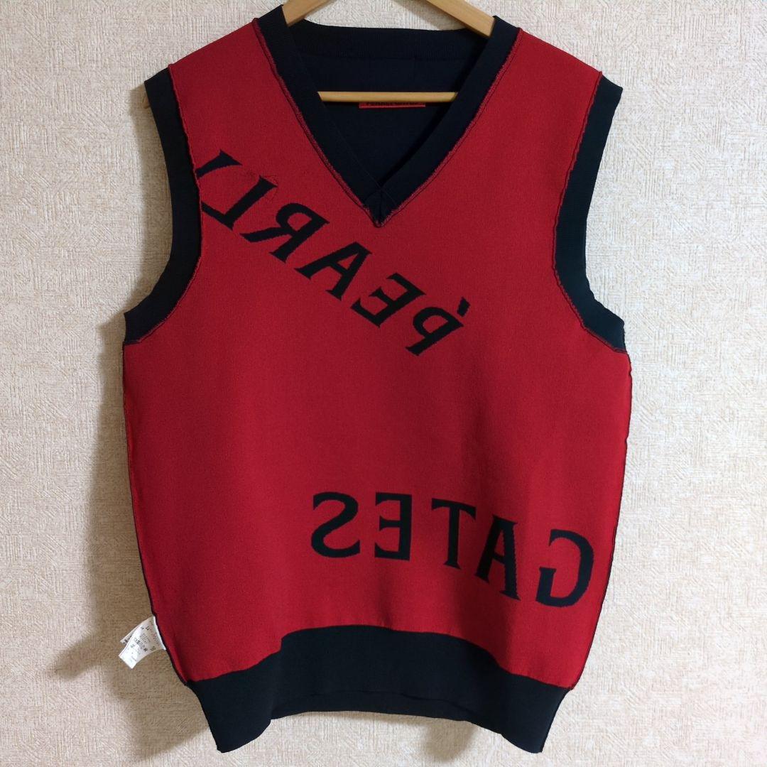 パーリーゲイツ メゾンロゴ柄 Vネック ニット ベスト ストレッチ L 相当 紺