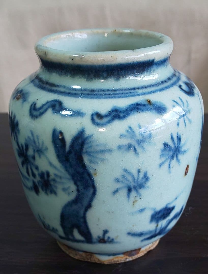 中国美術 白磁染付 明 清時代 人物花模様陶器の壺