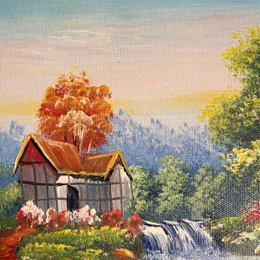 手書き油絵 山小屋に続く道 絵画 額付き インテリア 油彩画