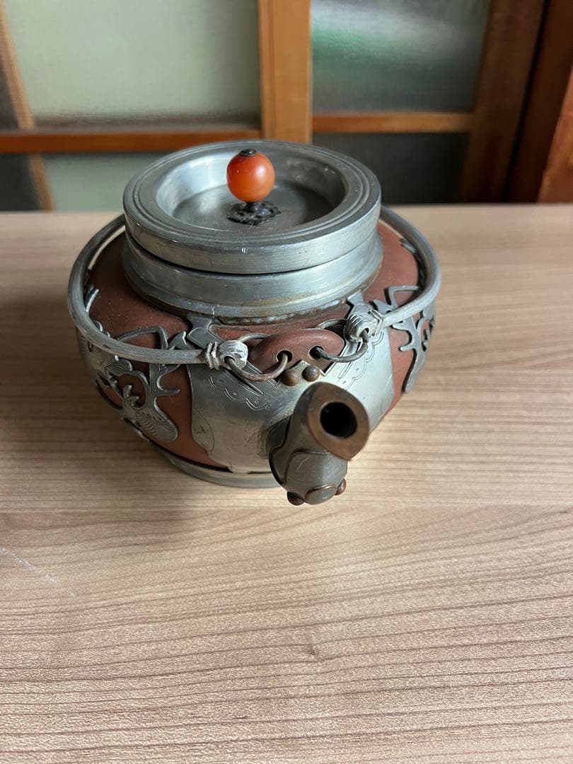 中国宜興紫砂壺 錫包細工 魚龍紋 茶壺 急須 古玩 茶道具 アンティーク