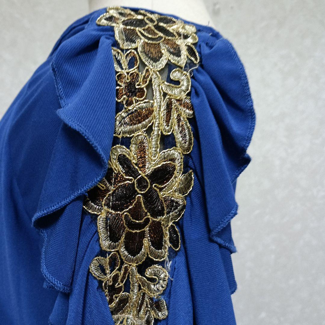 フリル袖 青 フィット＆フレアドレスラテンワンピース
