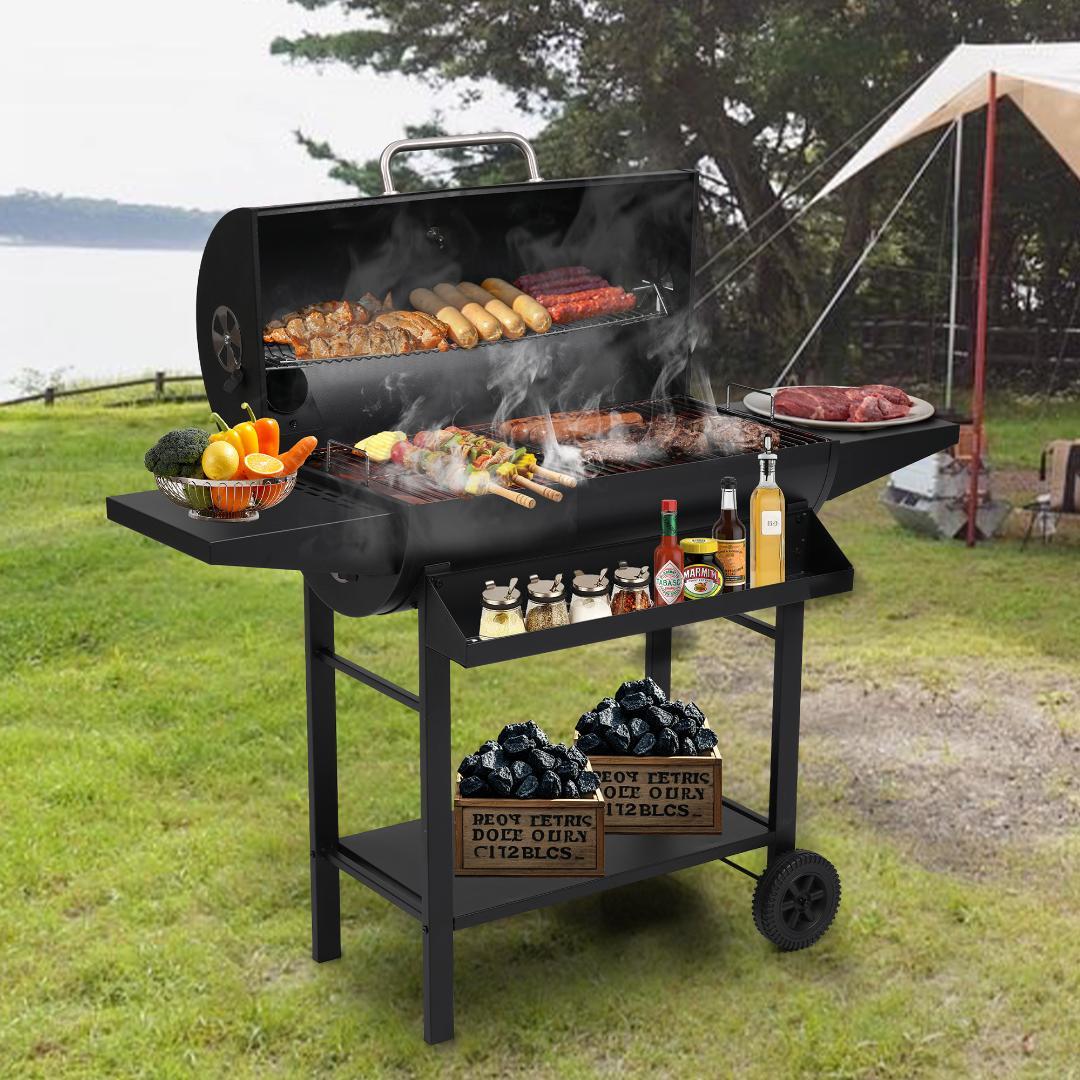 レインカバー付 バーベキューコンロ 焼き網 温度計 サイドテーブル 8-12人用