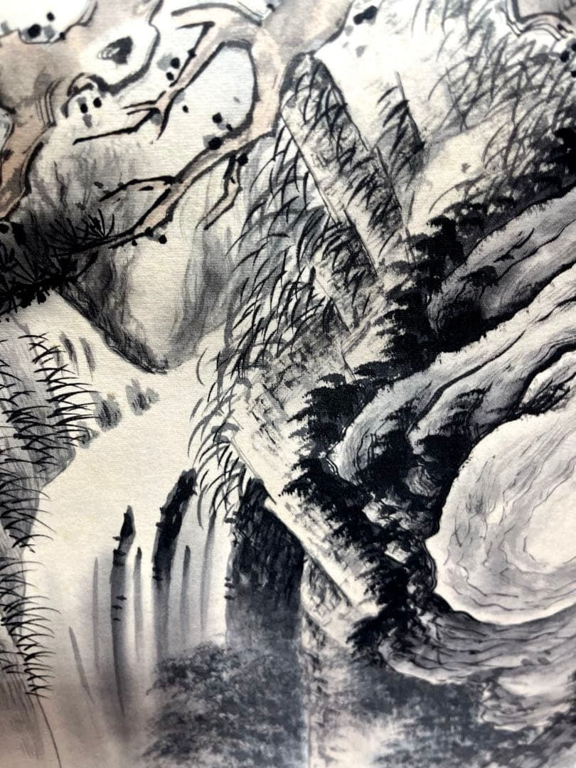 大判！[光則・絹本・山水図・観瀑図]／山崎光則　美術品　水墨画