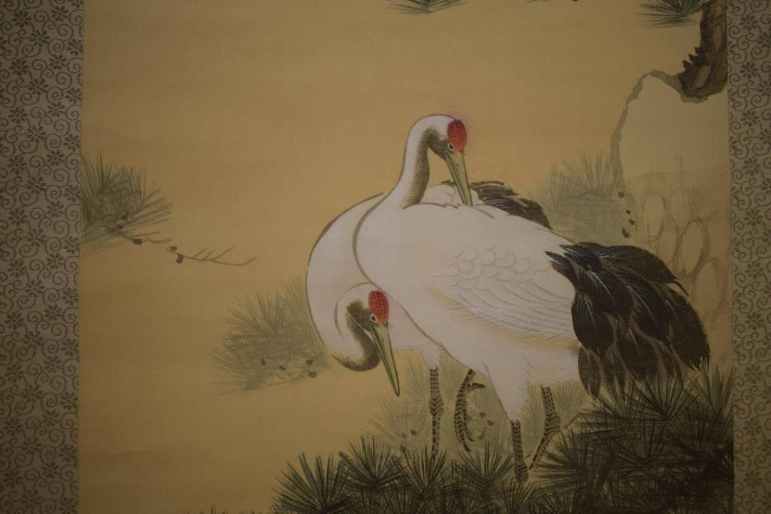 真作/安田素風/松上双鶴図/布袋屋掛軸HI-800