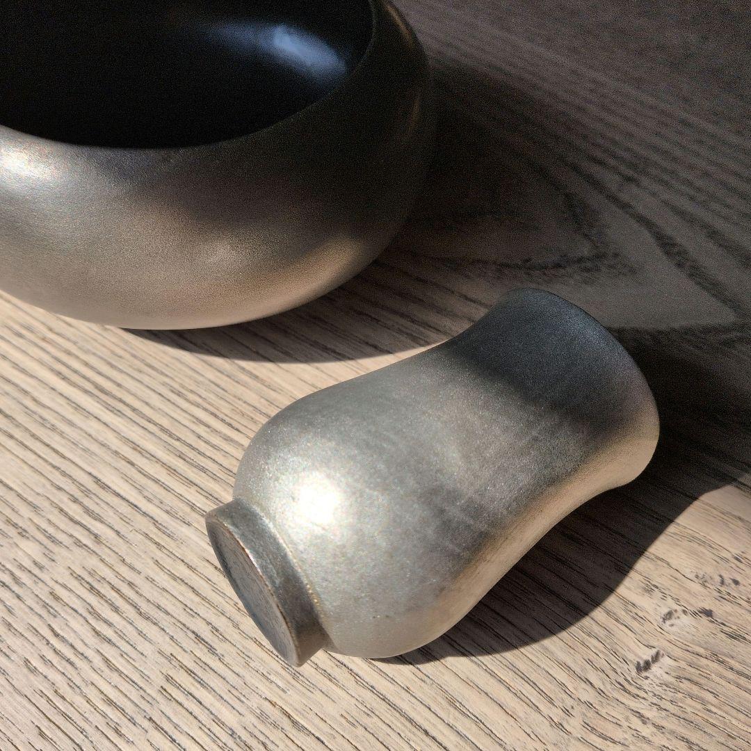 土井宏友作　酒器　錫漆片口(ふくら雀）と盃