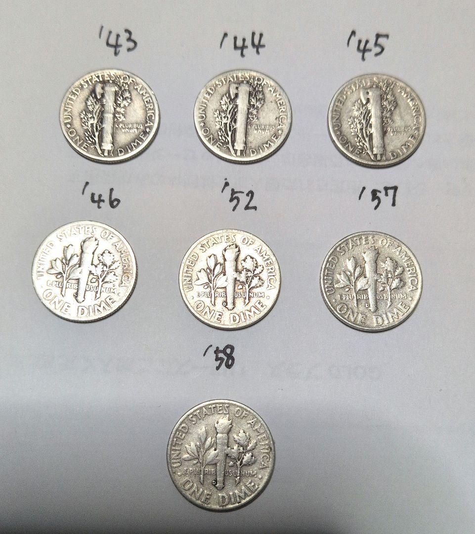 1943〜46 1952 1957 1958年ダイム 銀貨 7枚 銀率 90%
